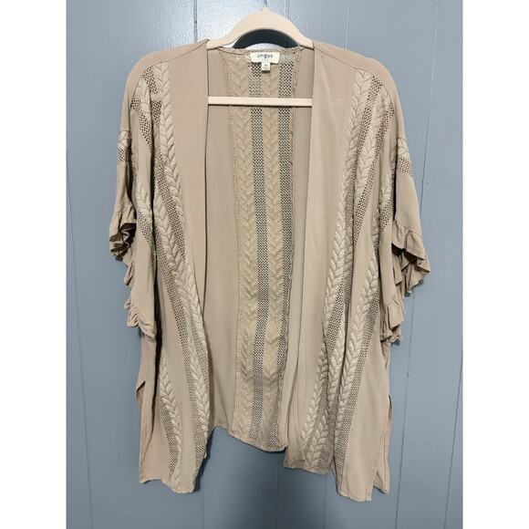 Umgee Tops - Umgee Tan Lace Mesh Open Ruffle Short Sleeve Boho Western Kimono Cardigan M/L